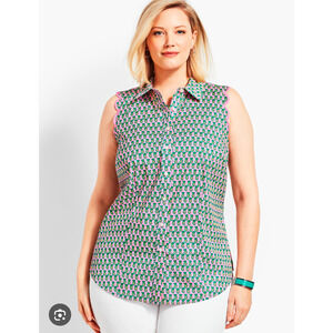 Talbots Non-Iron Button Up Shirt 10P Cotton Pink-Yellow Scallop Pineapple Barbie